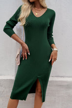 Load image into Gallery viewer, Slit V-Neck Long Sleeve Midi Dress
