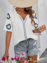 Load image into Gallery viewer, Embroidered Tie Neck Puff Sleeve Blouse
