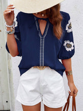 Load image into Gallery viewer, Embroidered Tie Neck Puff Sleeve Blouse
