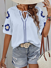 Load image into Gallery viewer, Embroidered Tie Neck Puff Sleeve Blouse
