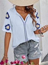 Load image into Gallery viewer, Embroidered Tie Neck Puff Sleeve Blouse
