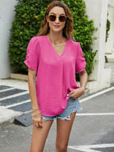 Load image into Gallery viewer, Ruched Short Sleeve V-Neck Blouse
